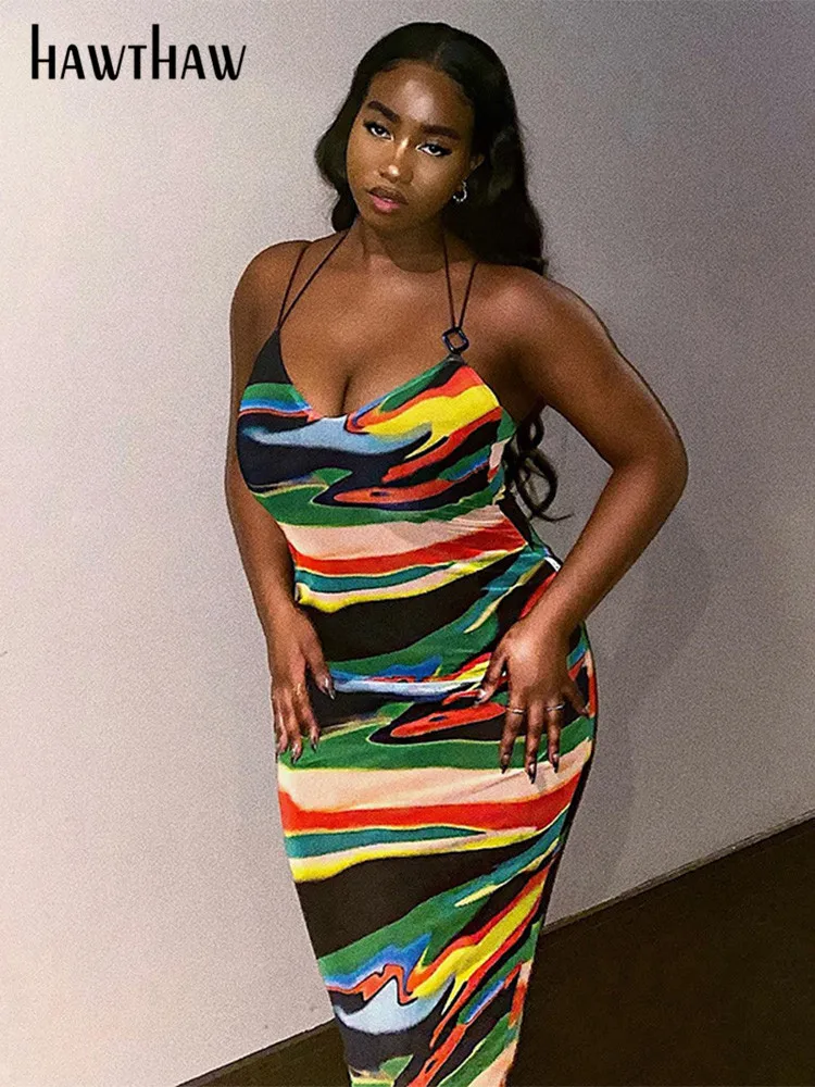 

Hawthaw Women Fashion Sleeveless Printed Striped Bodycon Beach Vacation Long Dress 2022 Summer Clothes Streetwear Dropshipping