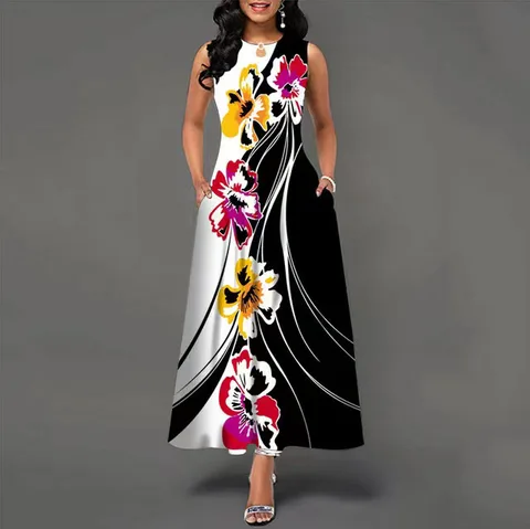 2023 New Floral Printed Dresses For Women Summer Bohemia Vintage Sleeveless Long Dress Elegant Party Maxi Dresses With Pockets