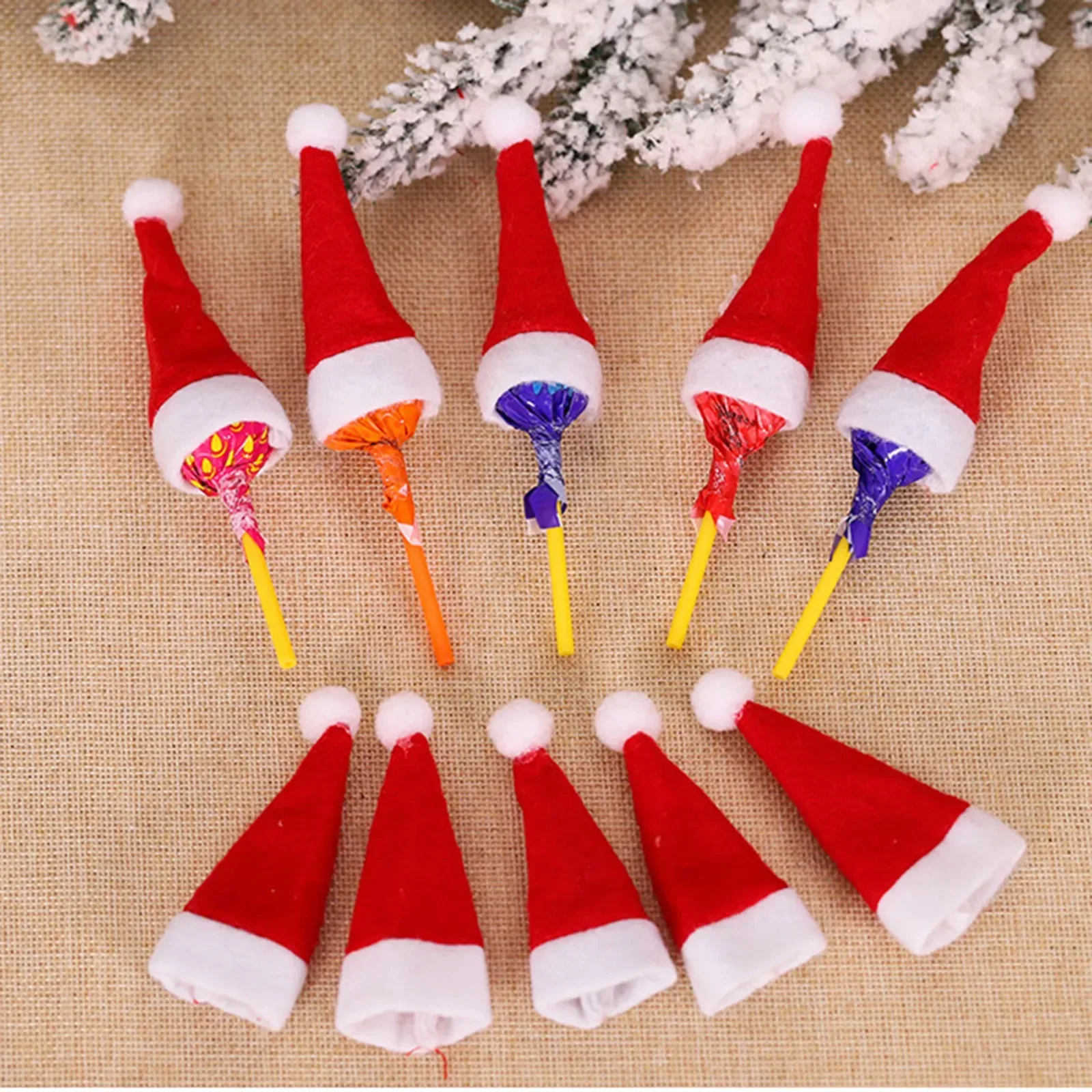 

10pcs Mini Santa Claus Hat Christmas Holiday Lollipop Top Topper Cover For Festival Xmas Decor For Home Navidad Gifts mini hats