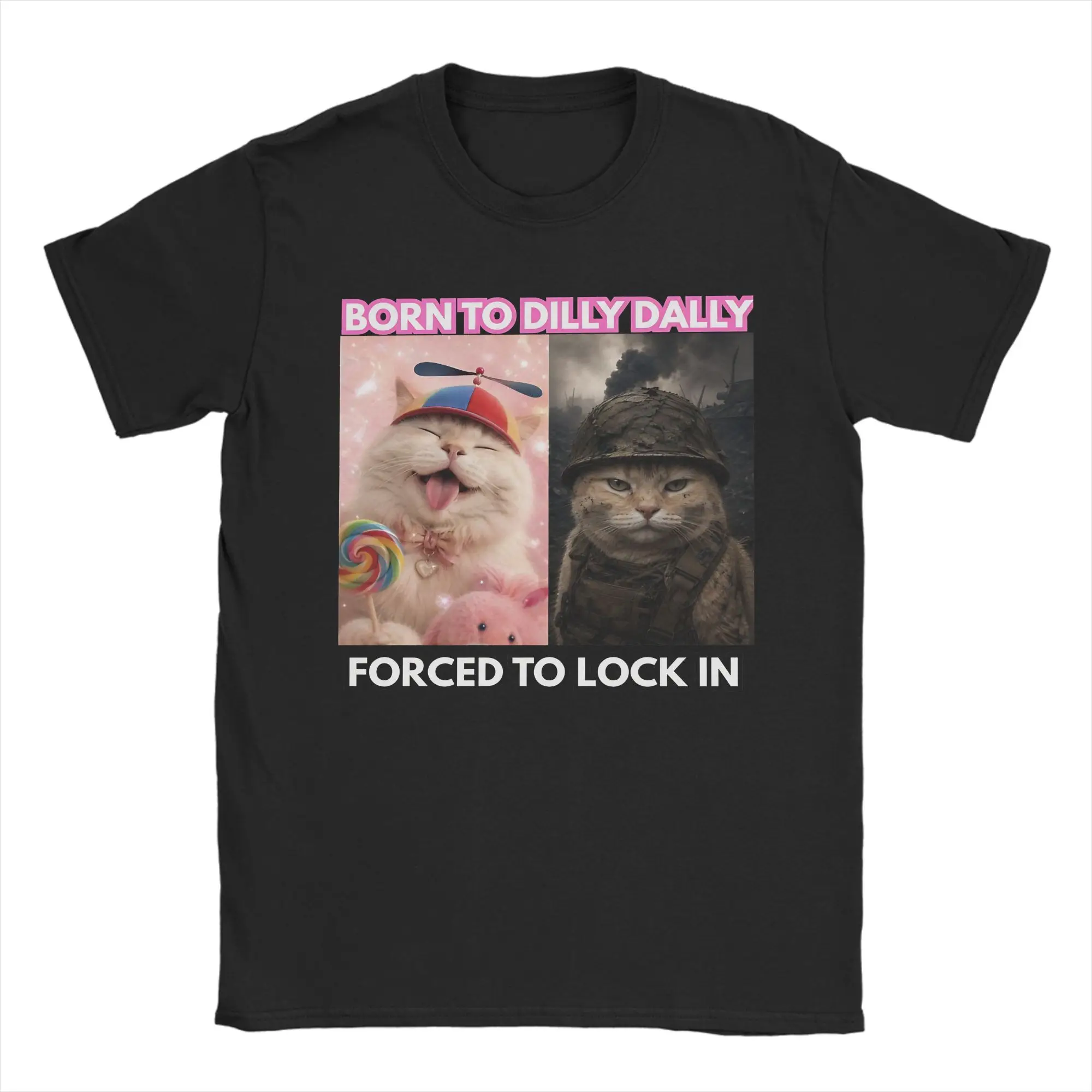 Фото Мужская и женская футболка Born To Dilly Dally Forced To Lock In из чистого хлопка, с коротким рукавом, с кошачьим мемом, одежда, размеры 4XL, 5XL №2