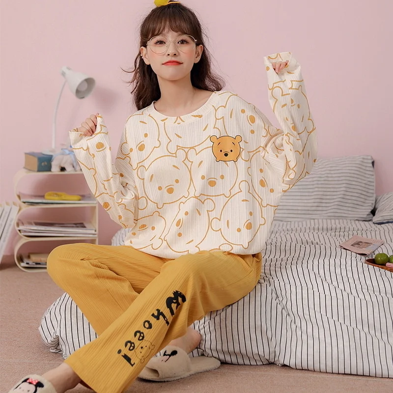 

pajamas women's spring, autumn winter new long sleeved trousers pure cotton cartoon cute sweet casual loose home clothes