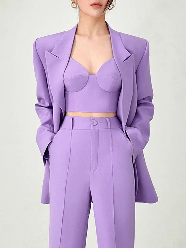 

HIGH STREET Newest 2023 Designer Fashion Suit Set Women's Double Breasted Buttons Blazer Camis Pants Set 3pcs Set