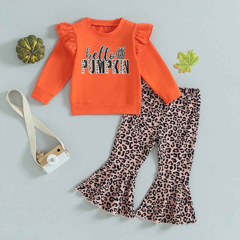 

Halloween 1-6Y Kids Girls Fall Outfits Letter Pumpkin Print Long Sleeve Sweatshirts Leopard Print Flare Pants 2Pcs Clothes Set