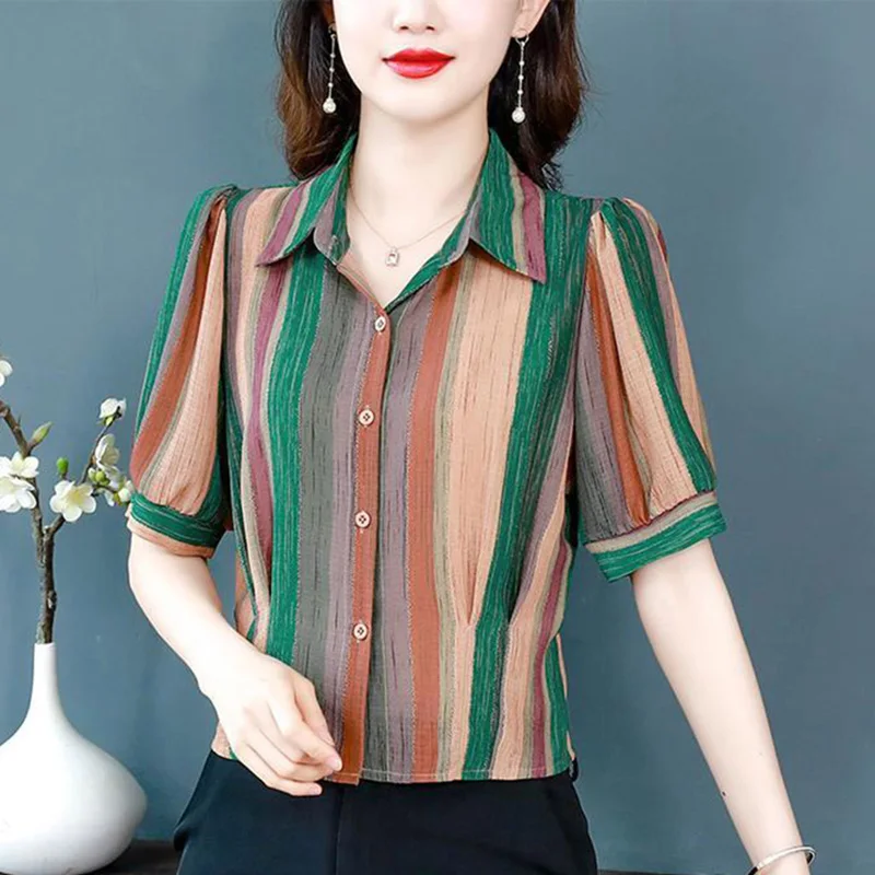

Fashion Lapel Button Spliced Loose Folds Striped Shirt Women's Clothing 2023 Summer New Casual Tops Puff Sleeve Blouse