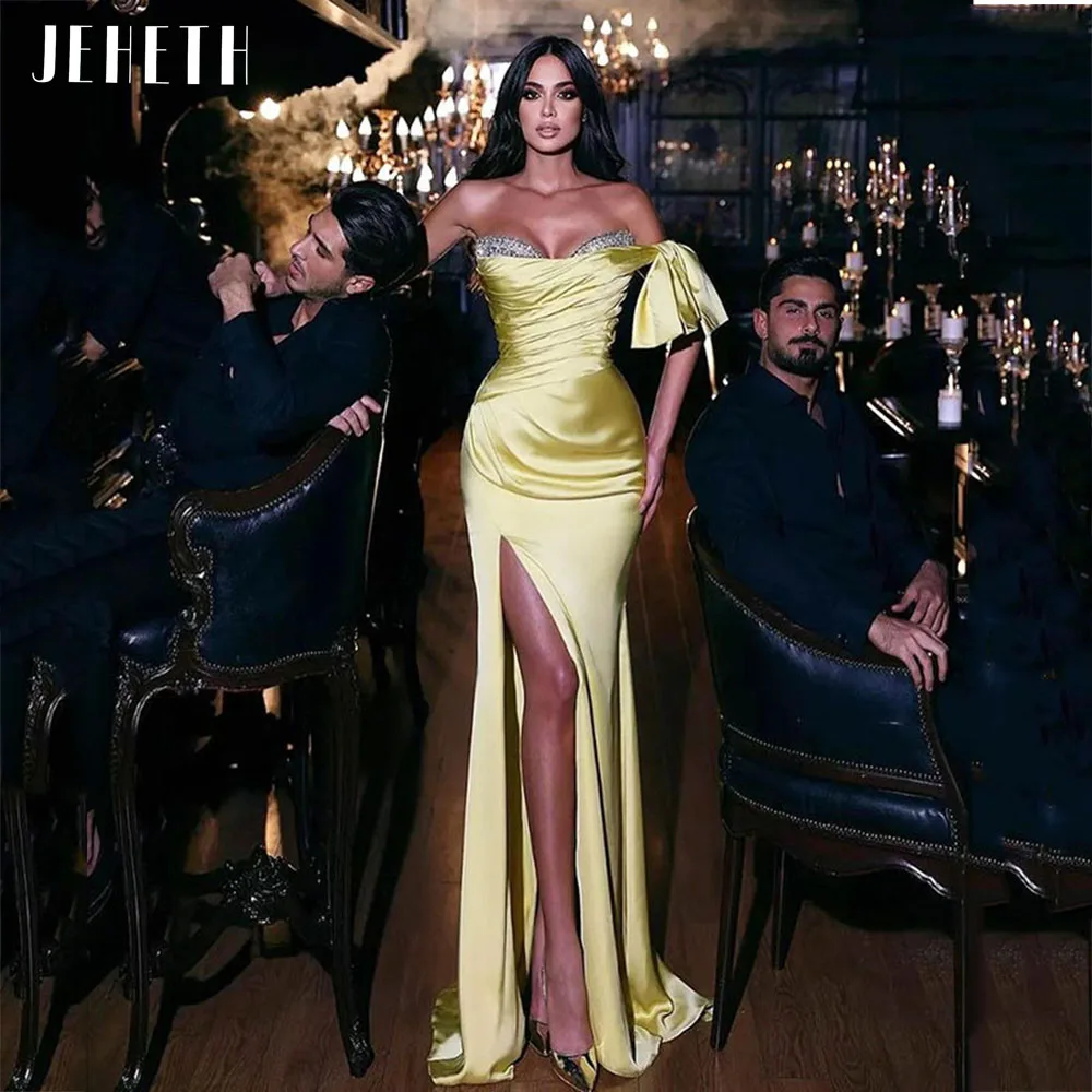 

JEHETH Yellow Mermaid Evening Formal Dresses Sexy Off shoulder High Slit Pleated Satin Sequin Prom Party Gowns 2022 Custom Made