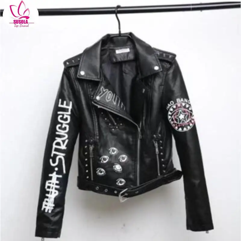 Куртка SUSOLA женская с заклепками короткая кожаная мотокуртка буквенным принтом в