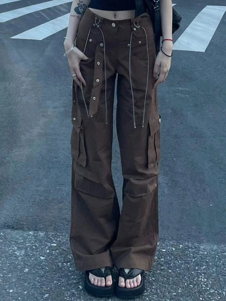 

2023 HOUZHOU Y2K винтажные коричневые брюки-карго готические с низкой талией и карманами парашютные брюки женские в стиле 90-х ретро Harajuku