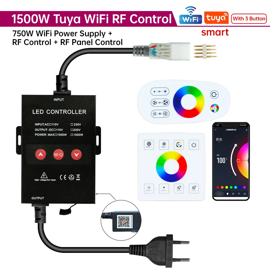

Контроллер светодиодных лент RGB 220 В, 1500 Вт, 750 Вт, радиочастотная сенсорная панель и разъем Tuya WiFi EU/AU/UK, источник питания для 4-контактного светодиодного неонового света с затемнением