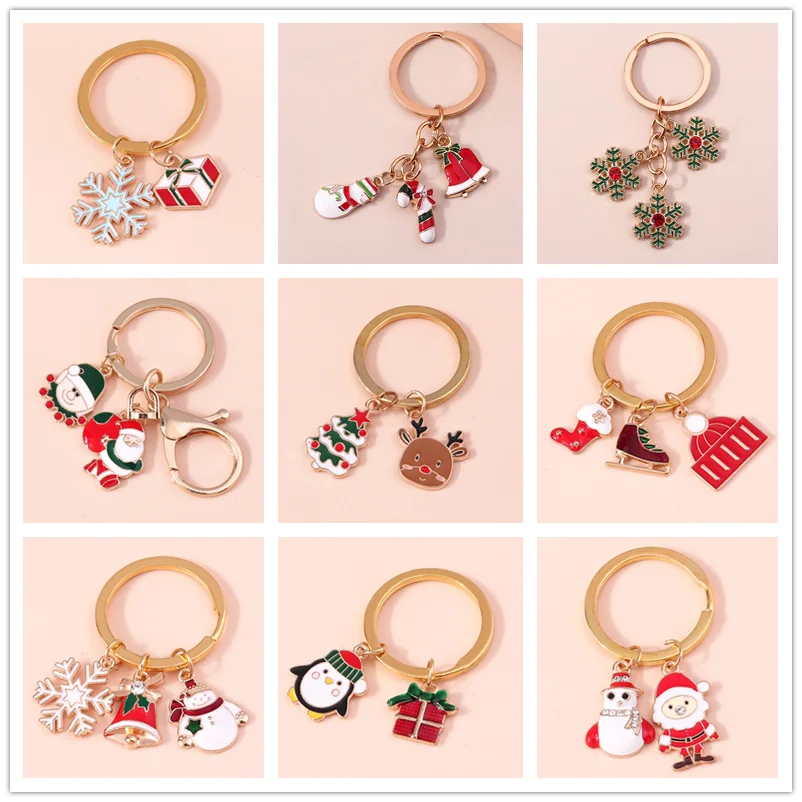 

90 styles New Christmas Keychain Cute Snowman Tree Stocking Santa Claus Deer Bell Gifts Key chains Keyring Bag Car Key Holder