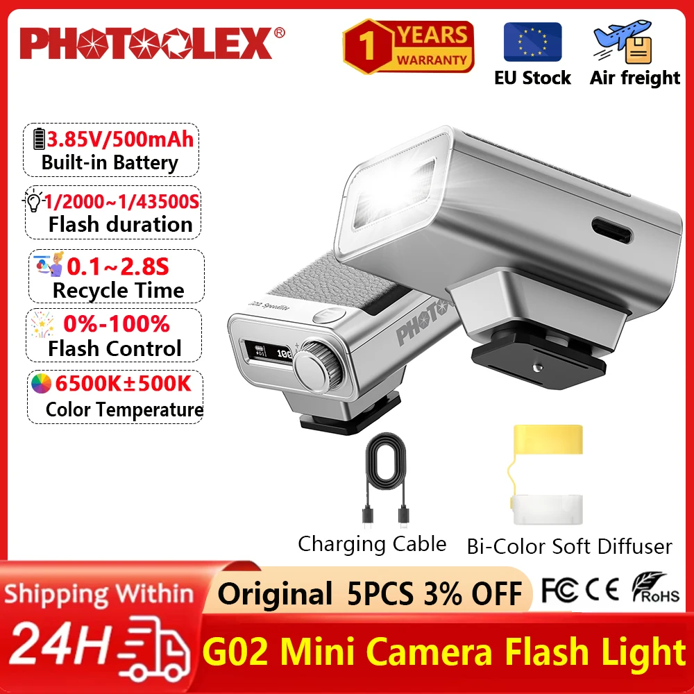 Фото Фотовспышка PHOTOOLEX G02 Mini: карманная вспышка с беспроводным триггером для Sony, Canon, Nikon, Fuji, Fujifilm, Olympus №1