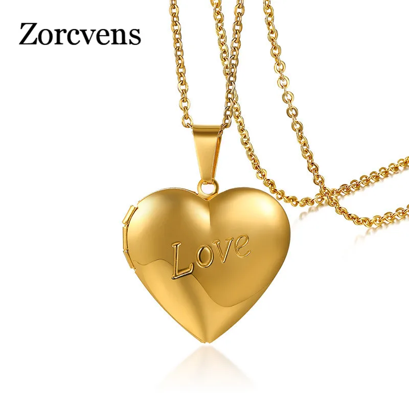 

ZORCVENS Sweet Peach Heart Love Chain Necklace for Woman Gold Color Stainless Steel Heart Shaped Photo Box Pendant Necklace