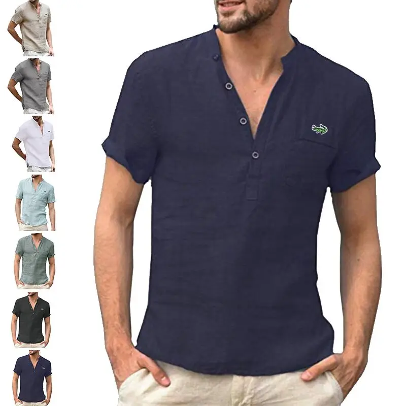 

Рубашка мужская с коротким рукавом, хлопок и лен, Повседневная Свободная облегающая деловая футболка, весна-лето