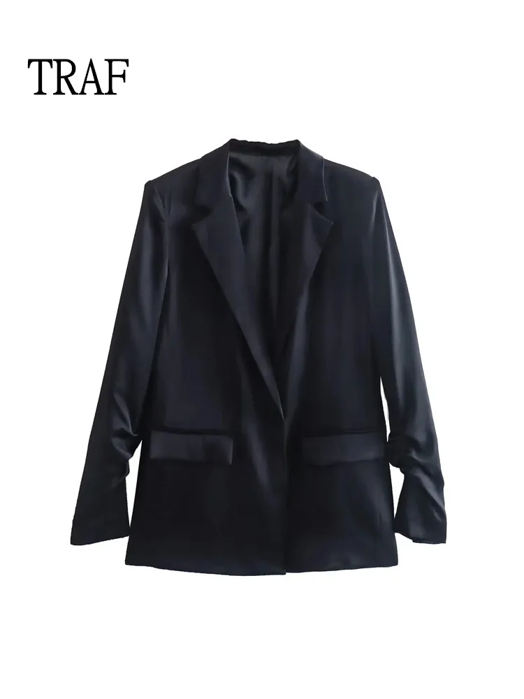 

TRAF Black Blazer Women Set 2022 Fashion Satin Ruched Blazers Jacket Female Long Sleeve Elegant Women Suits Office Female Blazer