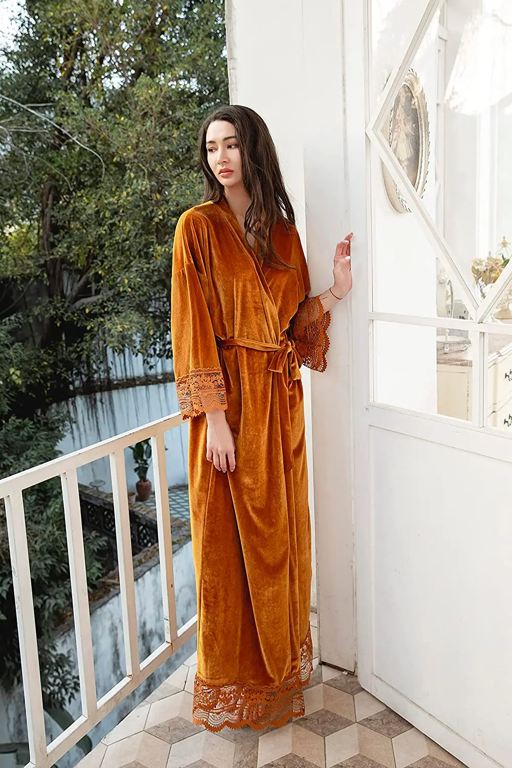 Long Solid Velvet Robe for Women Bridal Robe Bridesmaid Robes Lace Robe Velvet Kimono Robe Wedding Robe Black Velvet