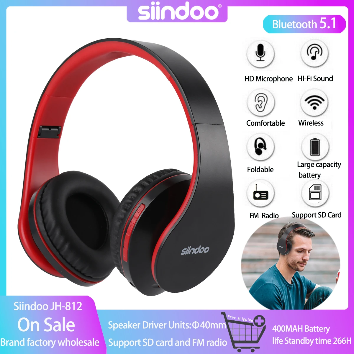 

Siindoo JH-812 Red Bluetooth Headphone Foldable Stereo Music Earphones FM and Support SD Card with Mic for Mobile Samsung PC TV