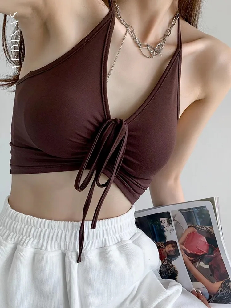 

Yedians Sexy Tank Top Women Summer Fashion Lace Up Drawstring Halter Neck Crop Top Y2k Slim Sleeveless Backless Camisole Femme