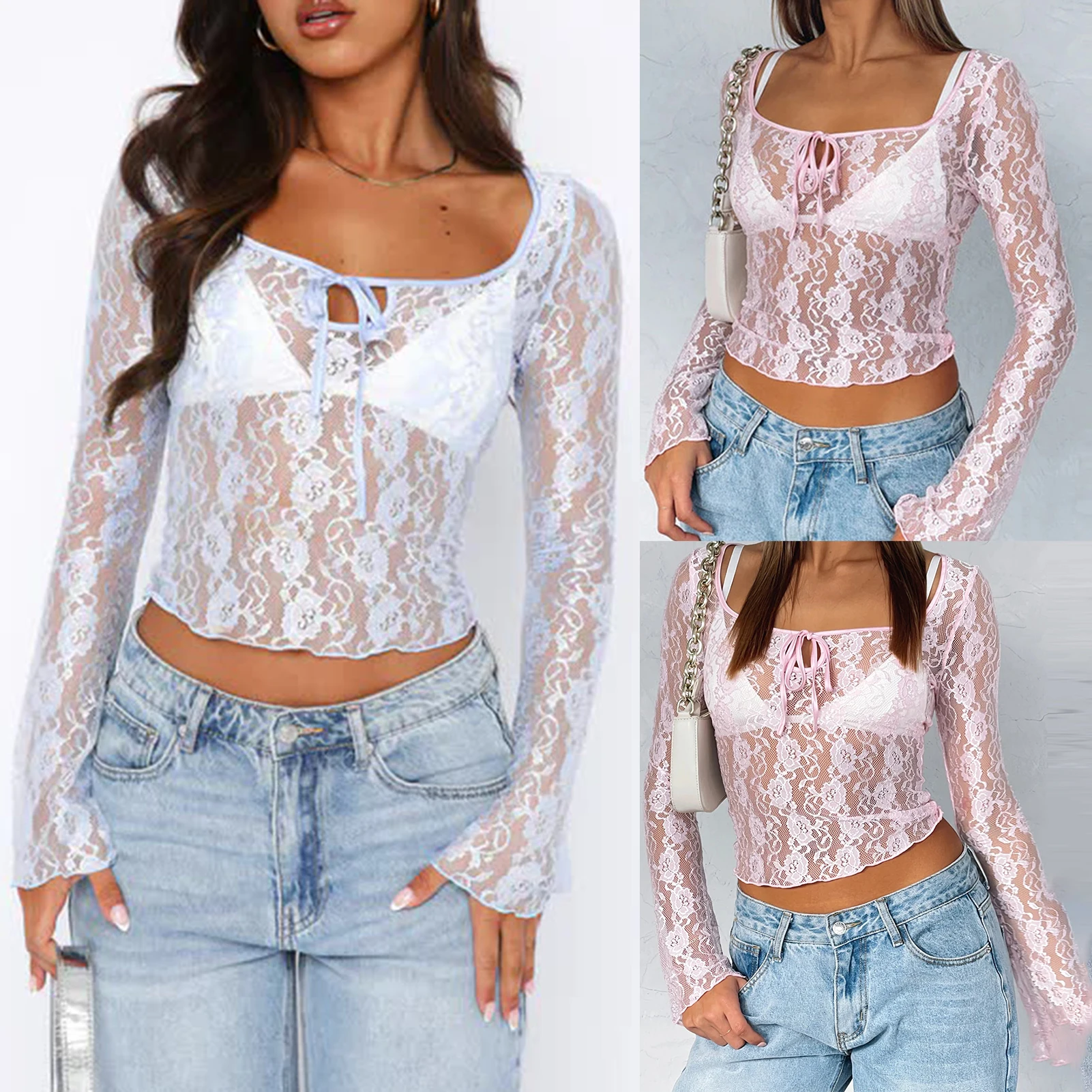 

Women Long Sleeve Top Stringy Selvedge Ladies Sexy Tank Top See Through Square Neck Slim Fit Spicy Girl Party Clothing