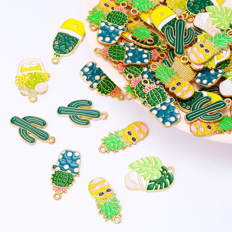 

10Pcs Colourful Enamel Dripping Pineapple Cactus Pendant Potted Plant Charm for Jewelry Making DIY Bracelet Keychain Accessories