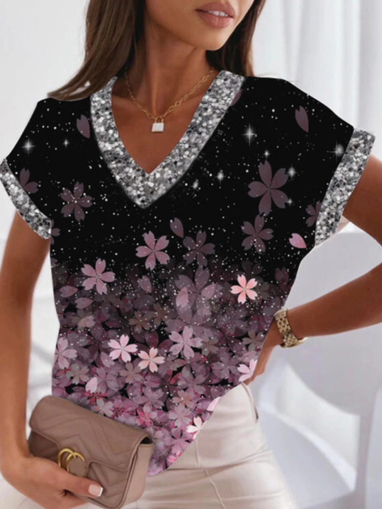 

Женский пуловер с цветочным принтом, V-образным вырезом и коротким рукавом