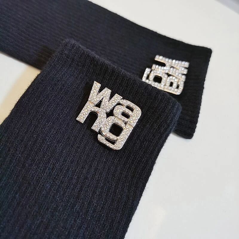 Removable Pin Rhinestone Black Socks for Women Fashion All-match Four Seasons Wearing Medium Tube Cotton Stocking Trendy 4colors