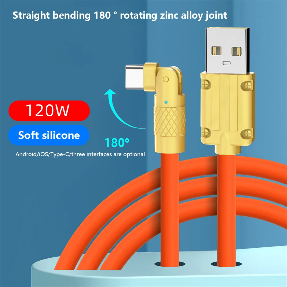 

Universal 180 Degree Rotating Charging Cable 120w Data Cable Usb-c Zinc Alloy Elbow Mobile Accessories Fast Charging Data Cable