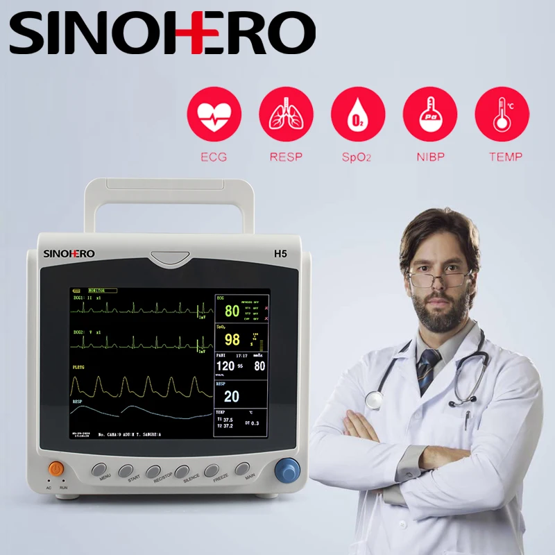 

SINOHERO H5 ЭКГ монитор жизненно важных сигналов портативный многопараметрический монитор пациента медицинский 8 дюймов цветной ЖК-дисплей SPO2 PR NIBP