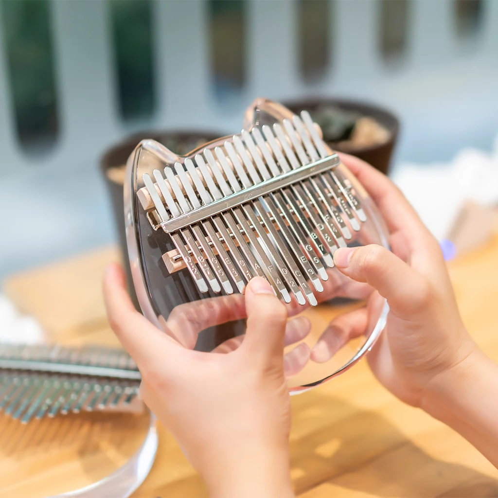 Clear Kalimba 17 Keys Cat Shaped Thumb Piano Solid Finger Piano Crystal Acrylic Kalimba W/Hammer PU Case Gifts For Kids Adult