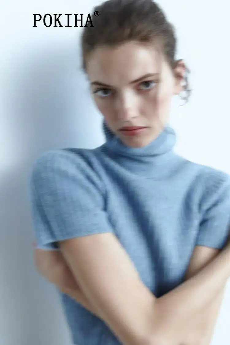 

Pokiha Fashion Women New Elegant Sweet Cropped Knitted Sweater Vintage High Neck Short Sleeve Female Pullovers Chic Tops