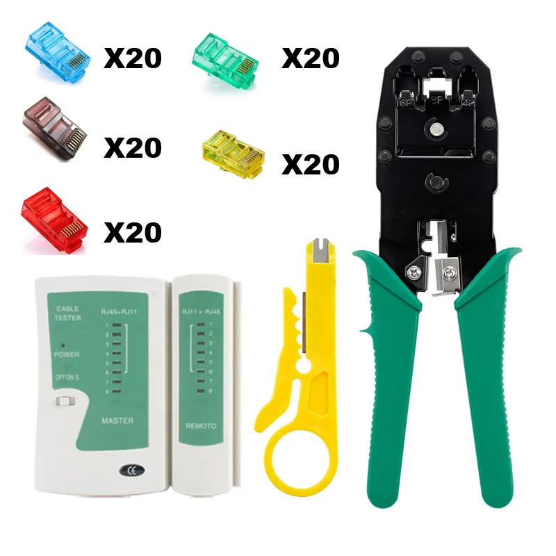 

Ethernet RJ11 RJ12 Cat5 Cat5e 8P8C 6P6C 4P4C RJ45 Crimper Stripper Network Cable Cutting Tool Plier+Tester+100 PCS Crystal Plug