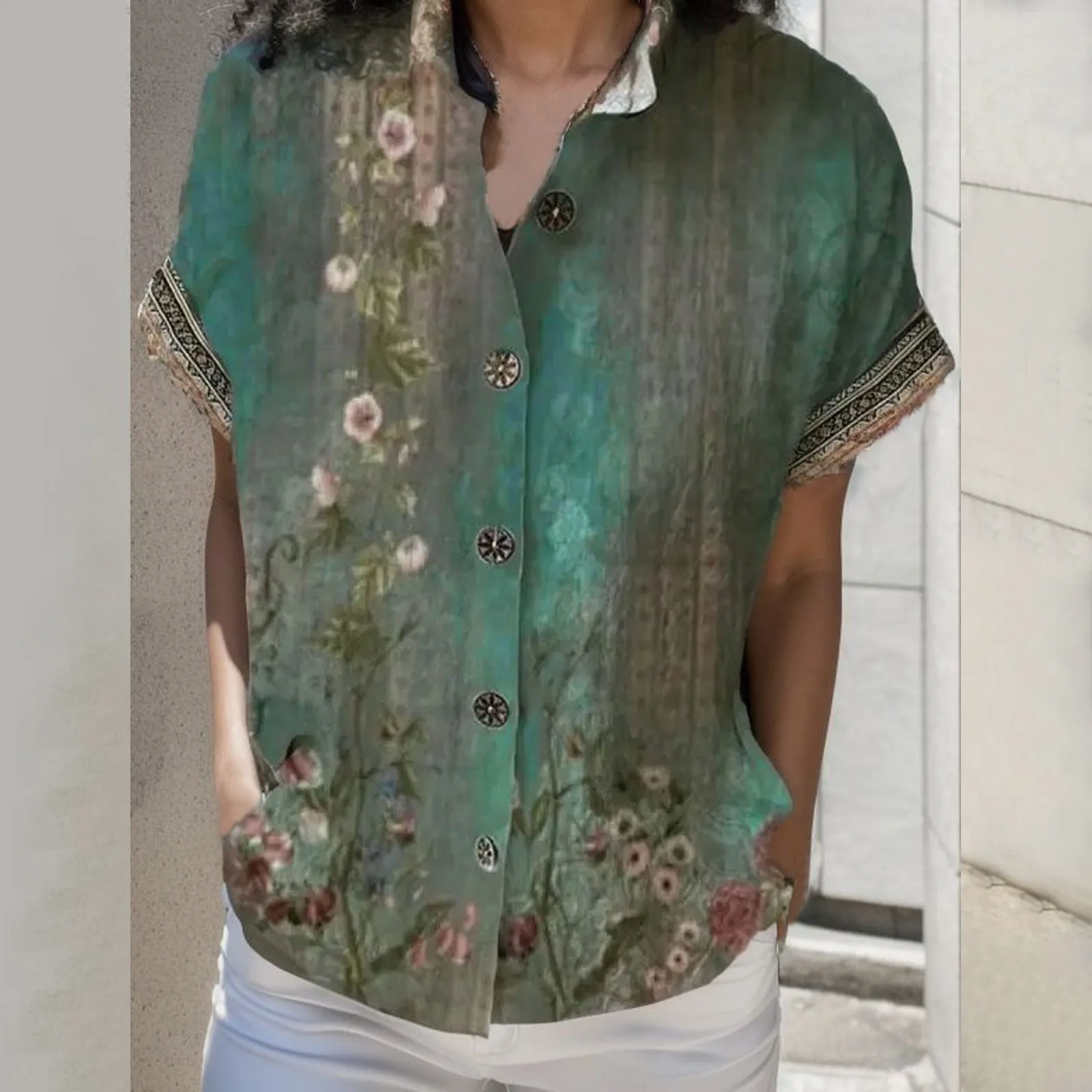 

Women Summer Vintage Prints Shirts 2023 Casual Fashion Short Sleeved Shirt Blouse Elegant Loose Stand Collar Button Blouse