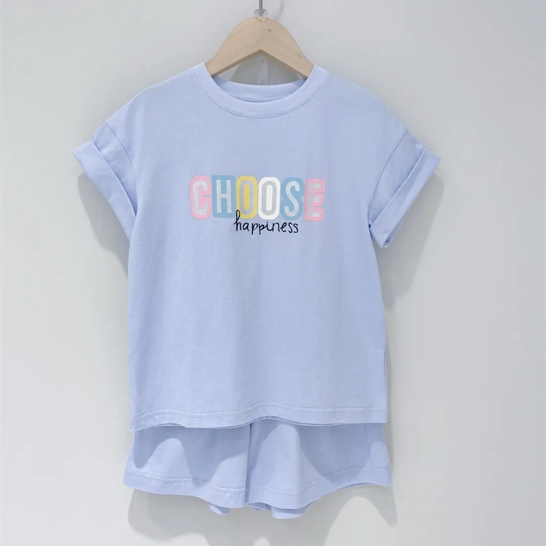 

baby girls set summer Pink blue alphabet print casual sports suit 100% Cotton Comfortable Short Sleeves top + Shorts