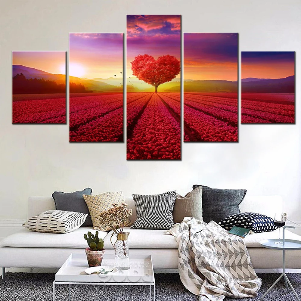 

5 Pieces Wall Art Canvas Poster Heart Love Field Tree Wallpaper Painting Living Room Bedroom Mural Picture Print Home Decor