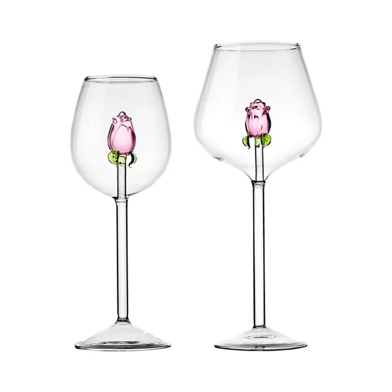 

Rose Build-in Red White Wine Glasses Cup Stemware Goblets Champagne Creative 3D Pink Glass Flute Household Lovely Gift