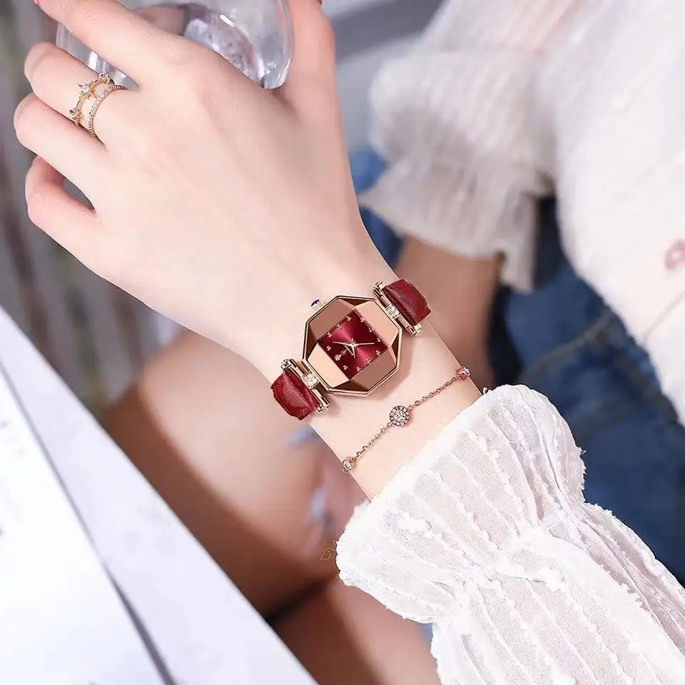 2023 Luxury Quartz Watch Girl's Elegant Fashion Red Dial Waterproof Ladies Leather Watches Women High Quality Zegarek Damski Hot