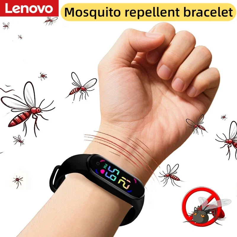 Фото Ультразвуковой физический отпугиватель комаров Lenovo с LED-дисплеем времени, носимые часы-браслет, без химикатов, для дома, улицы и спорта, 2026 №1