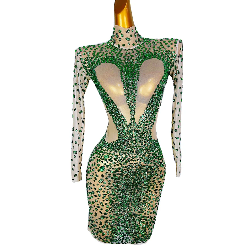 

Fashion Green Rhinestones Transparent Long Sleeves Dress Evening Outfit Birthday Celebrate Stretch Costume