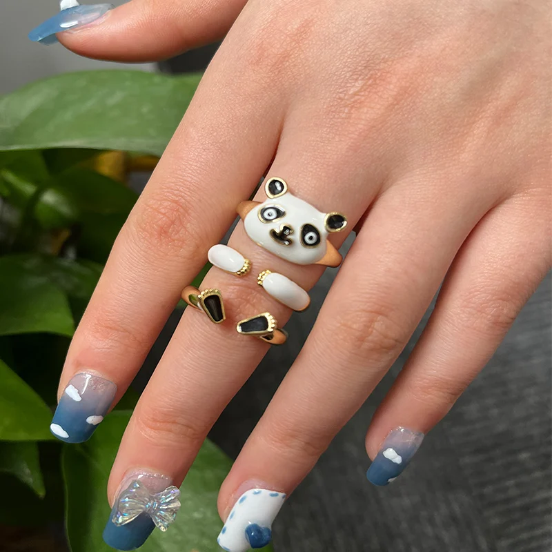 

3pcs/set Cute Panda Ring For Women Retro Metal Plated Adjustable Open Animal Ring Party Jewelry Set Couple Gift