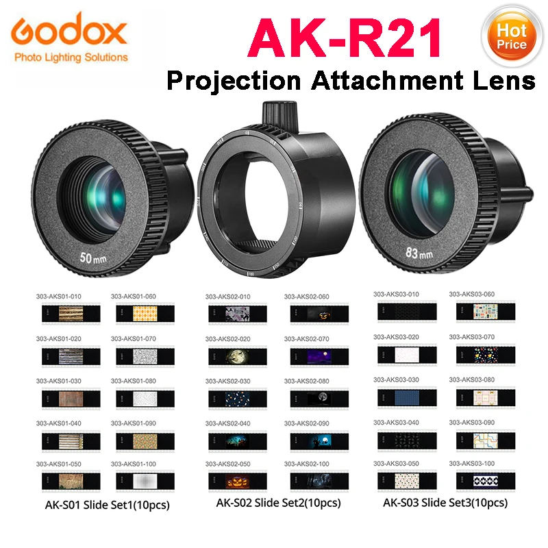 Godox AK-R21 Projection Attachment Lens Round Head Fresnel Head included AK-S Slide Set for Godox AD200Pro AD100Pro V1 Flash