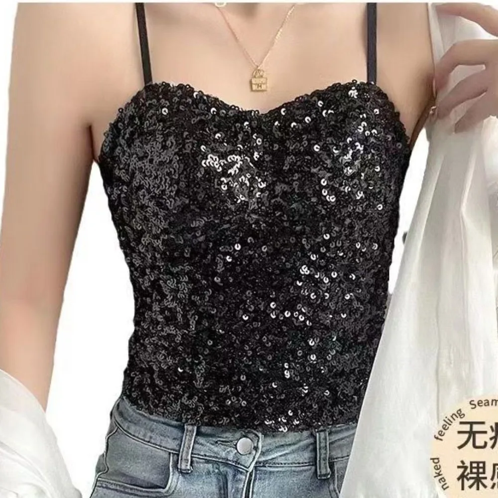 Женский бюстгальтер с блестками летний топ розового белого и черного цветов 2024