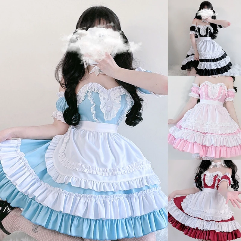 

Женский костюм в стиле "Лолита", Привлекательное платье с открытыми плечами и оборками, с фартуком и рукавами на руку, аниме, необычный костю...