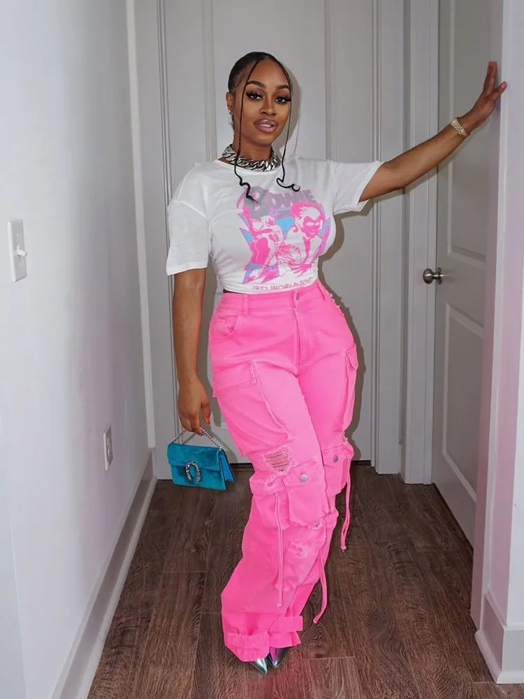 

Джинсы Y2k с множеством карманов, уличные джоггеры из денима, повседневные модные брюки с завышенной талией, на молнии, свободные брюки с широкими штанинами, синие розовые