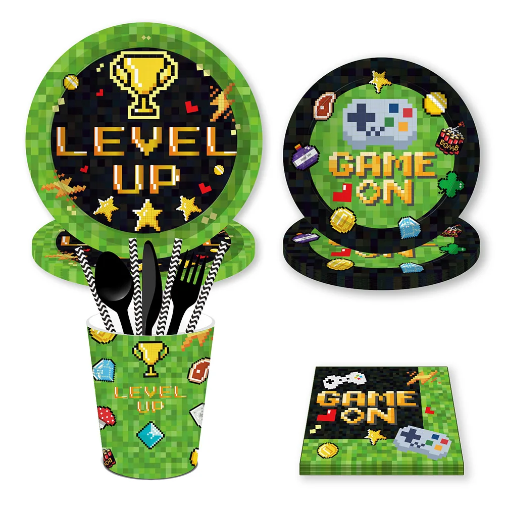 

Boys Black Pixel Game Theme Birthday Party Disposable Tableware Sets Plates Napkin Cup Baby Shower Gamepad Party Decorations