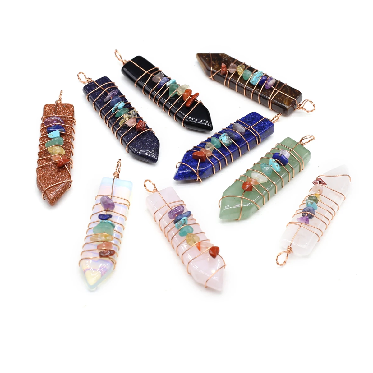 Подвеска в виде чаклы из натурального камня, металлическая медная проволока, хрустальный камень, в форме столбика из розового кварца, для исцеления