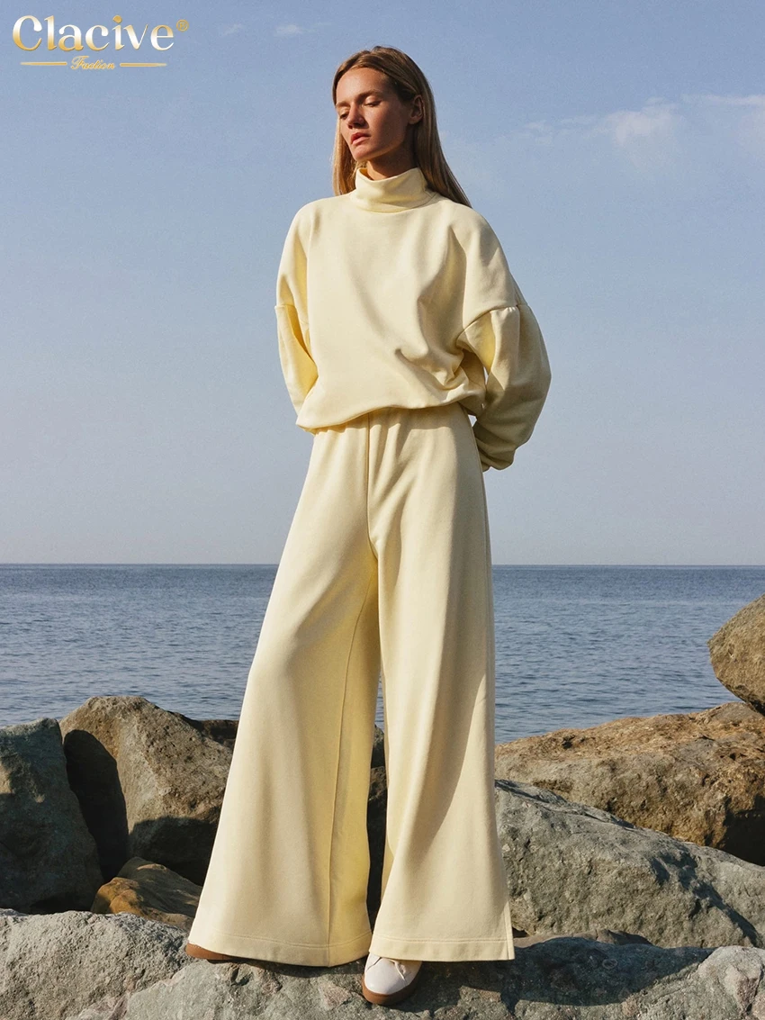 

Clacive Winter Loose Yellow 2 Piece Sets Womens Outfits Fashion Turtleneck Long Sleeve Sweater With Wide Leg Pants Female Set