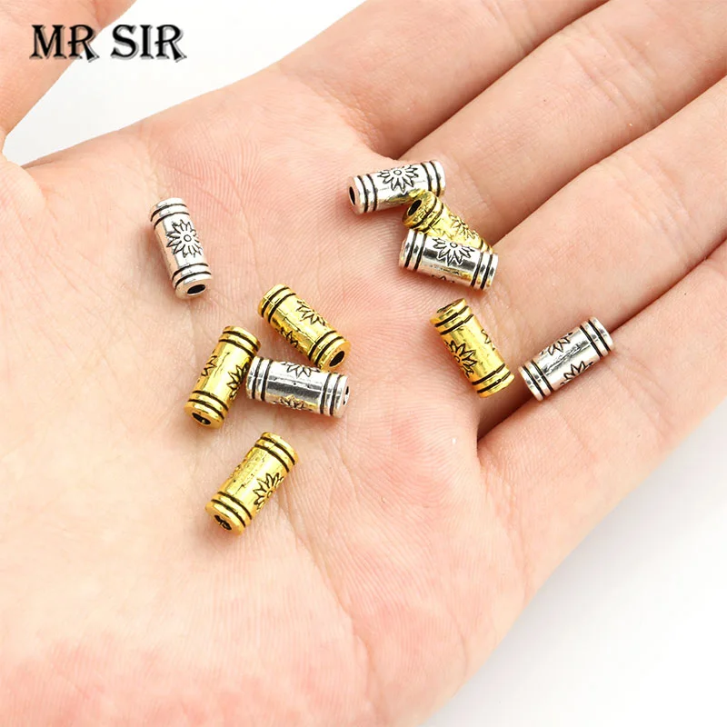 

40pcs Tibetan Silver/Gold Color Tube Spacer Beads Flower Pattern Metal Loose Bead For Jewelry Making Findings Bracelet Accessory