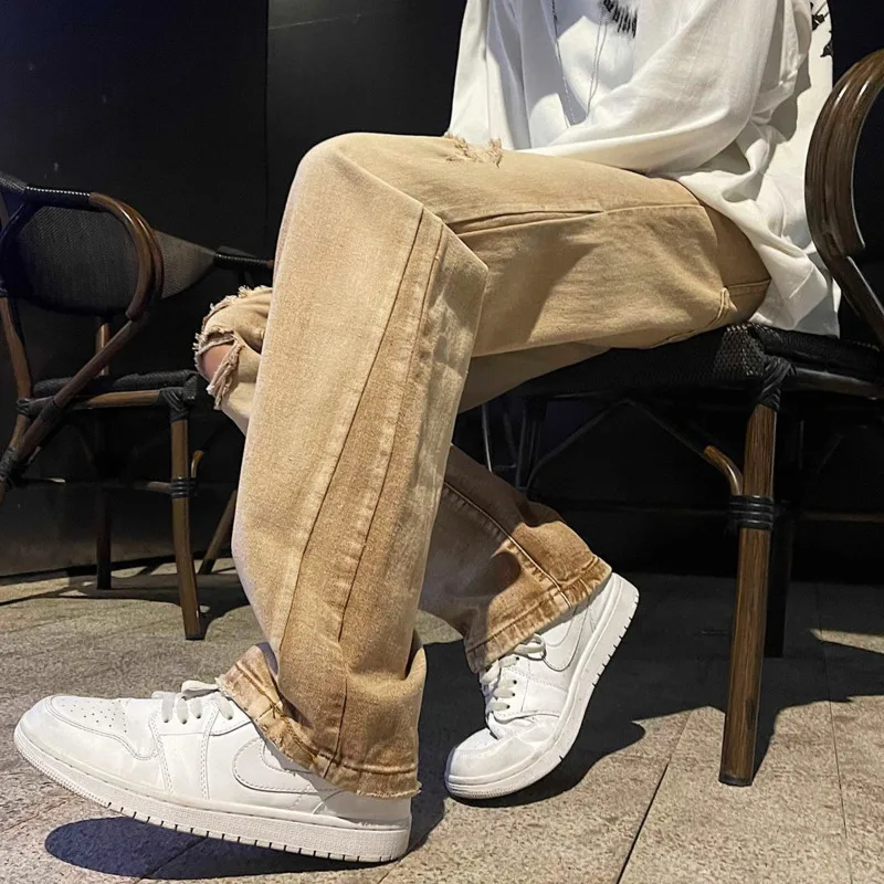Summer Hole Baggy Jeans Men's Fashion Retro Straight Jeans Men Streetwear Loose Hip Hop Ripped Denim Trousers Men Pants M-3XL