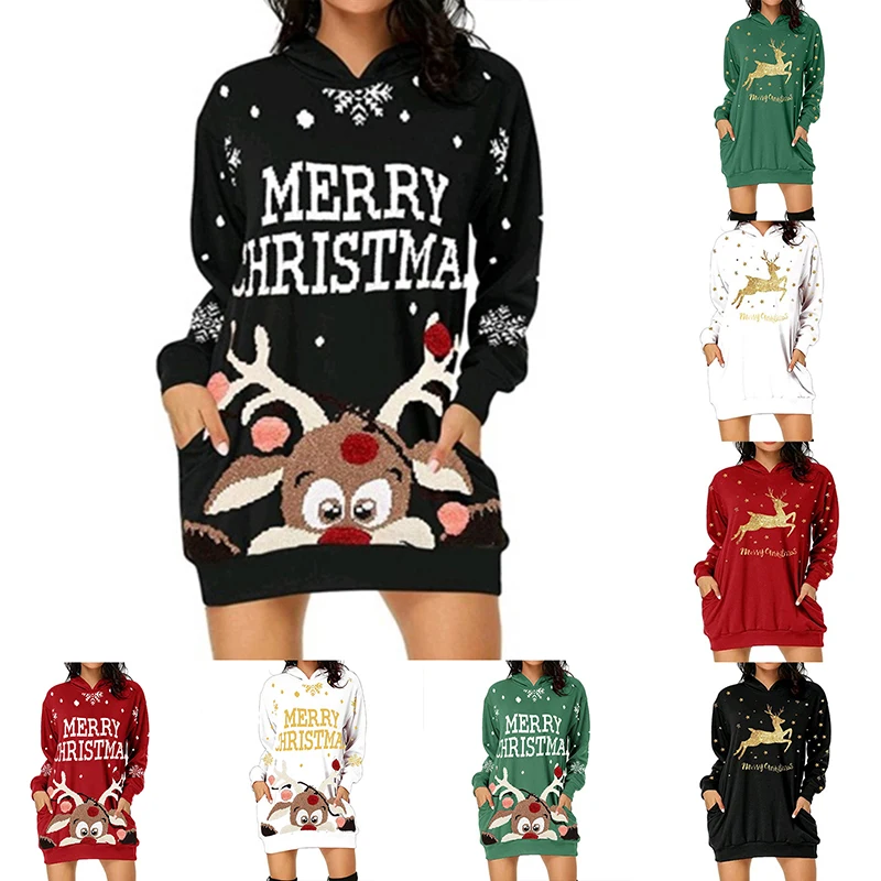 

Women's Sweatshirt Elk Letter Pattern Long Sleeve Long Hoodie With Pockets For Christmas Party Spring Autumn Sweater Dress