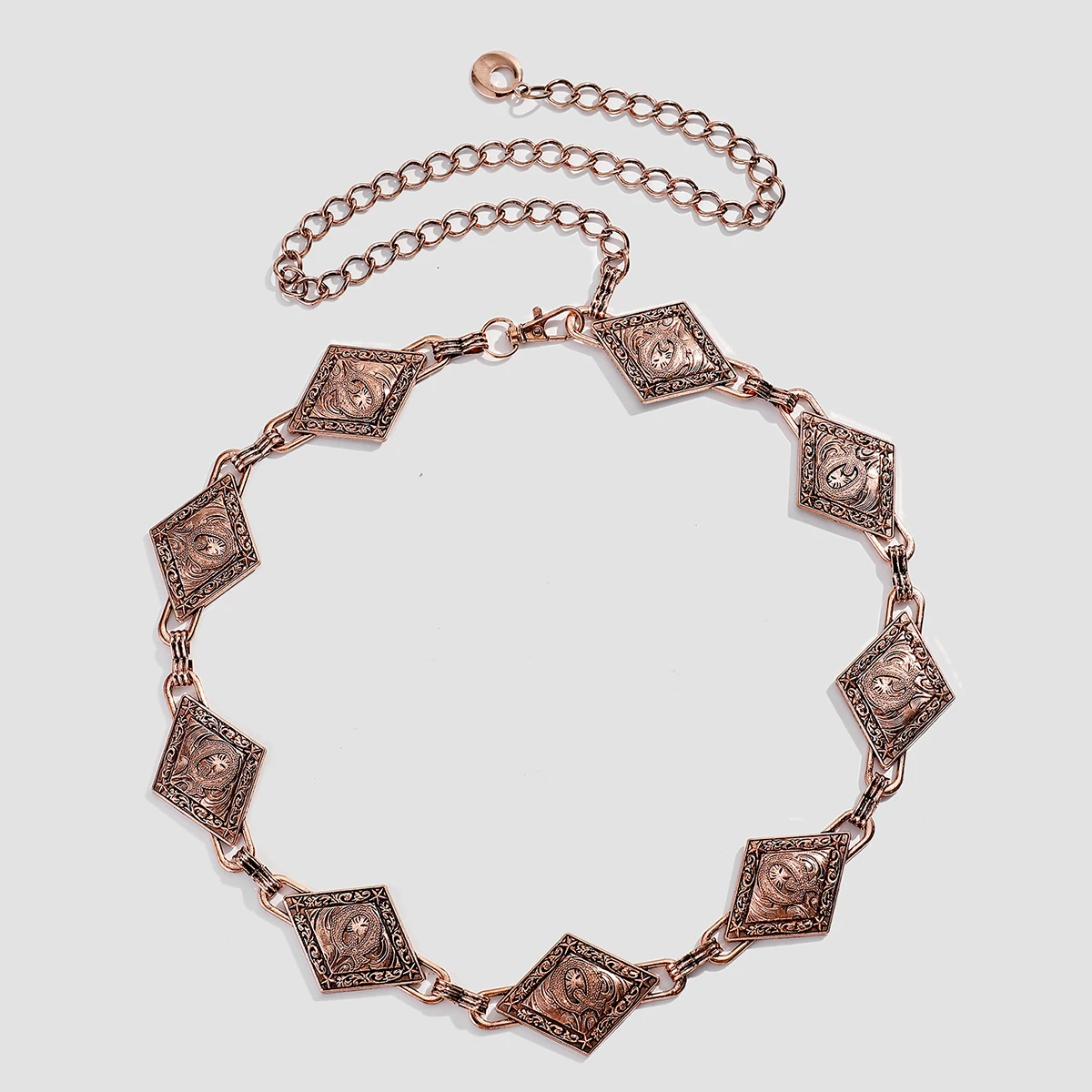 Fashion Rhombus Geometric Copper Plated Zinc Alloy Conchos Chain Belts for Women