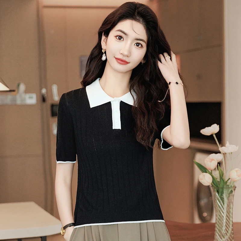 Polo Collar Short sleeve T-shirt Women 2024 New Summer Slim fit Thin Ice Silk Knit Small High Waist Top