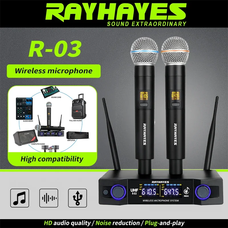Фото Беспроводной ручной микрофон RAYHAYES R-03 UHF с регулируемой частотой и защитой от обратной связи, подходит для караоке и сценических выступлений. №1